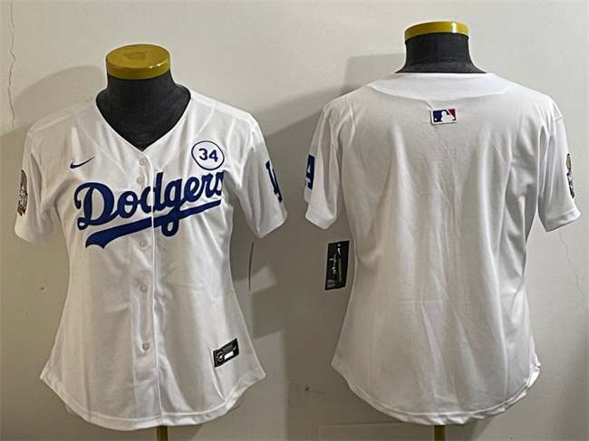 Women's Los Angeles Dodgers Blank White 2024 World Series With No. 34 Patch Home Limited Stitched Baseball Jersey(Run Small) Women's Los Angeles Dodgers Blank White 2024 World Series With No. 34 Patch Home Limited Stitched Baseball Jersey(Run Small)